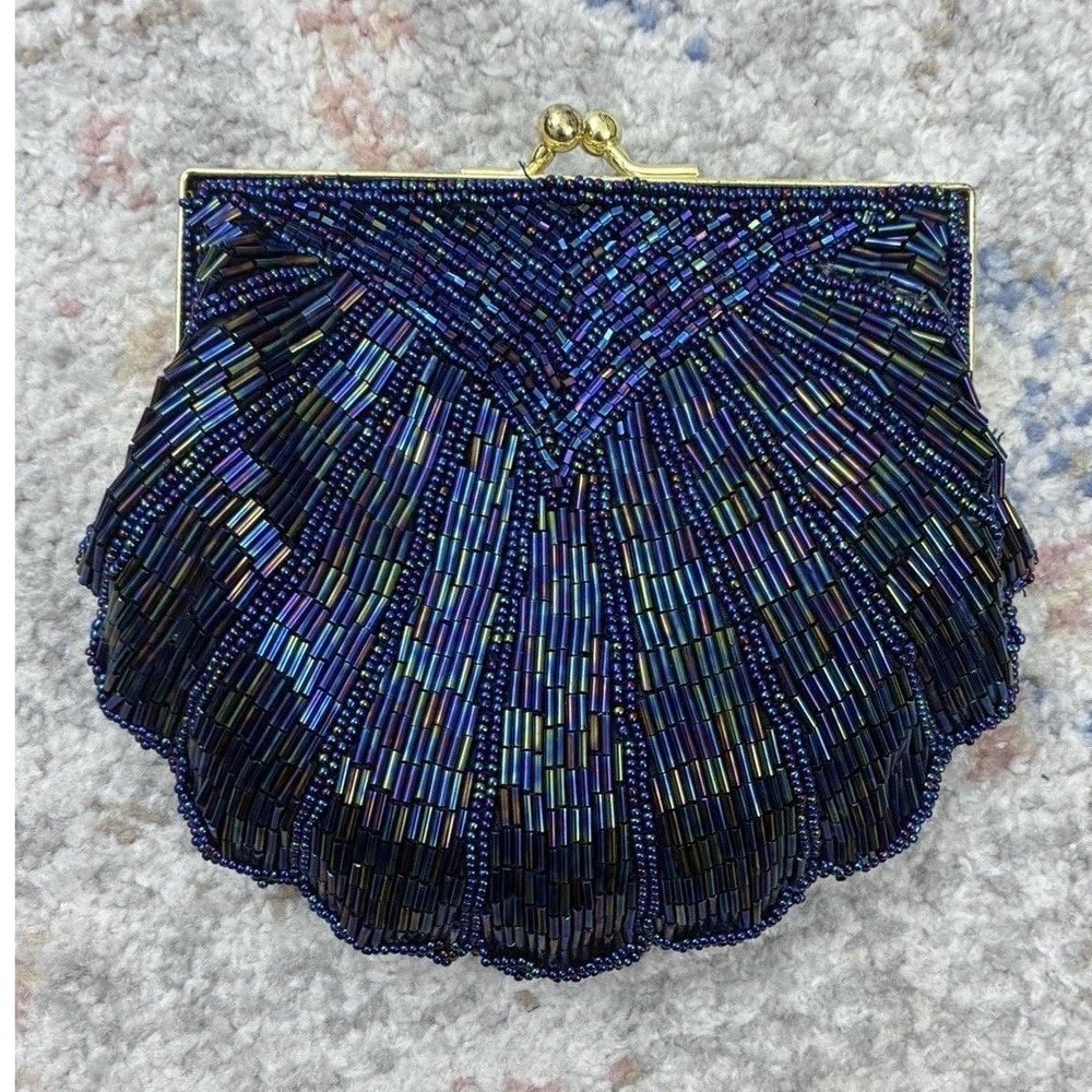 80s La Regale Beaded Shell Clutch, Iridescent Blue Purple Evening, Mermaidcore